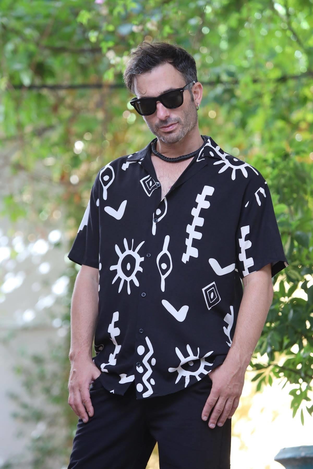 Black Patterned Short Sleeve Men's Shirt