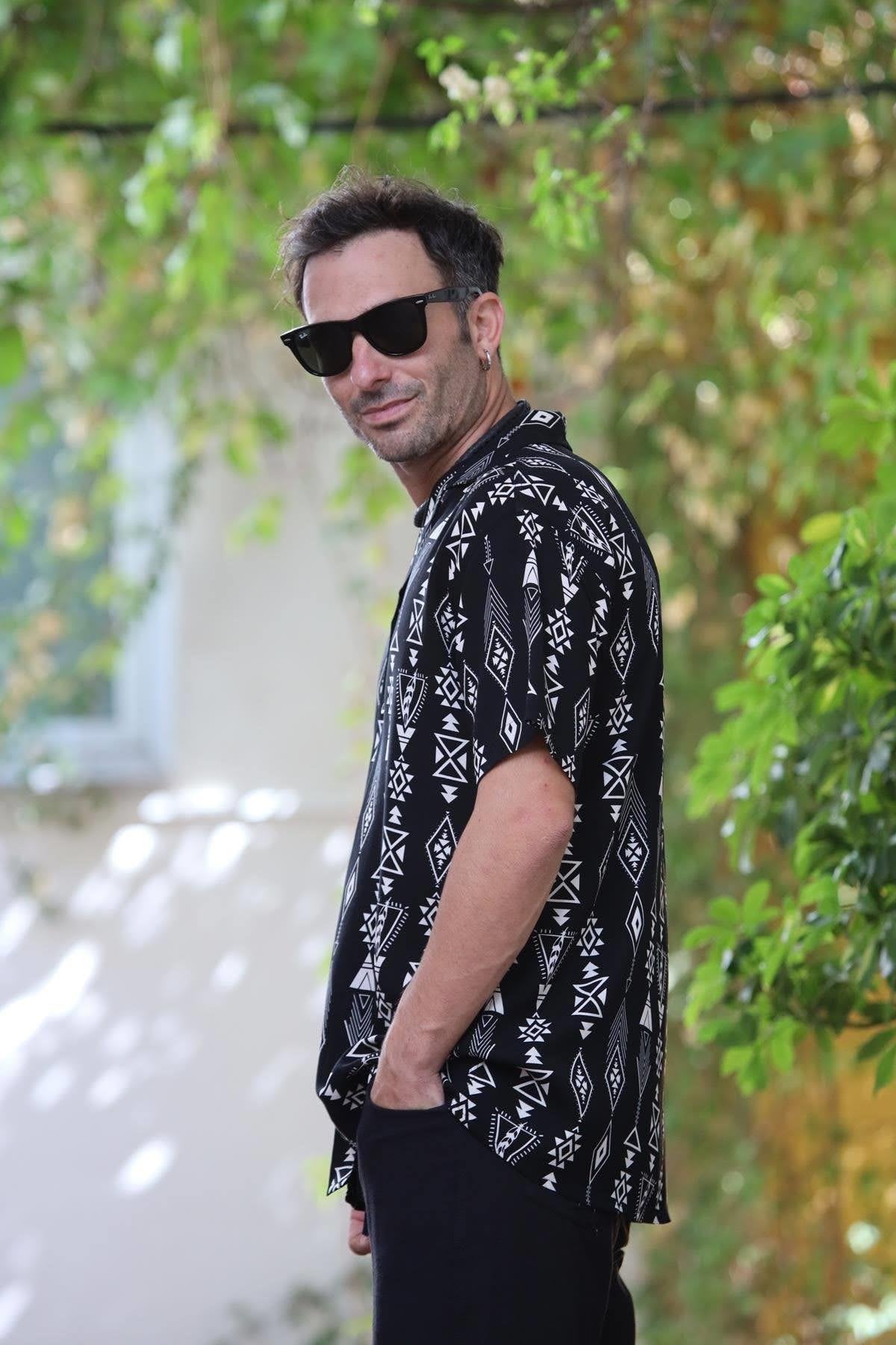 Black Patterned Short Sleeve Men's Shirt