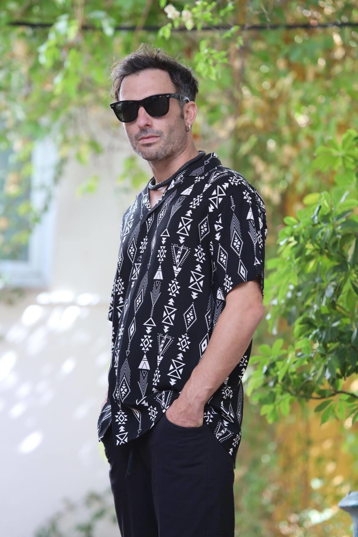 Black Patterned Short Sleeve Men's Shirt