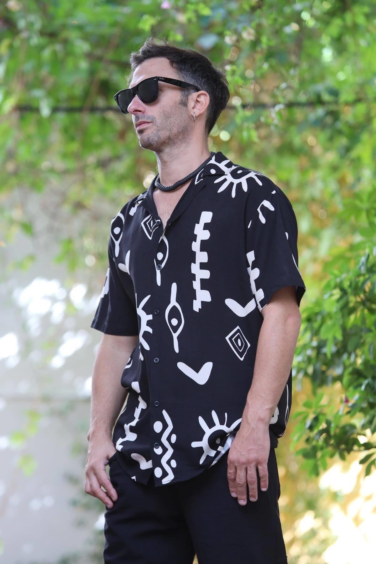 Black Patterned Short Sleeve Men's Shirt