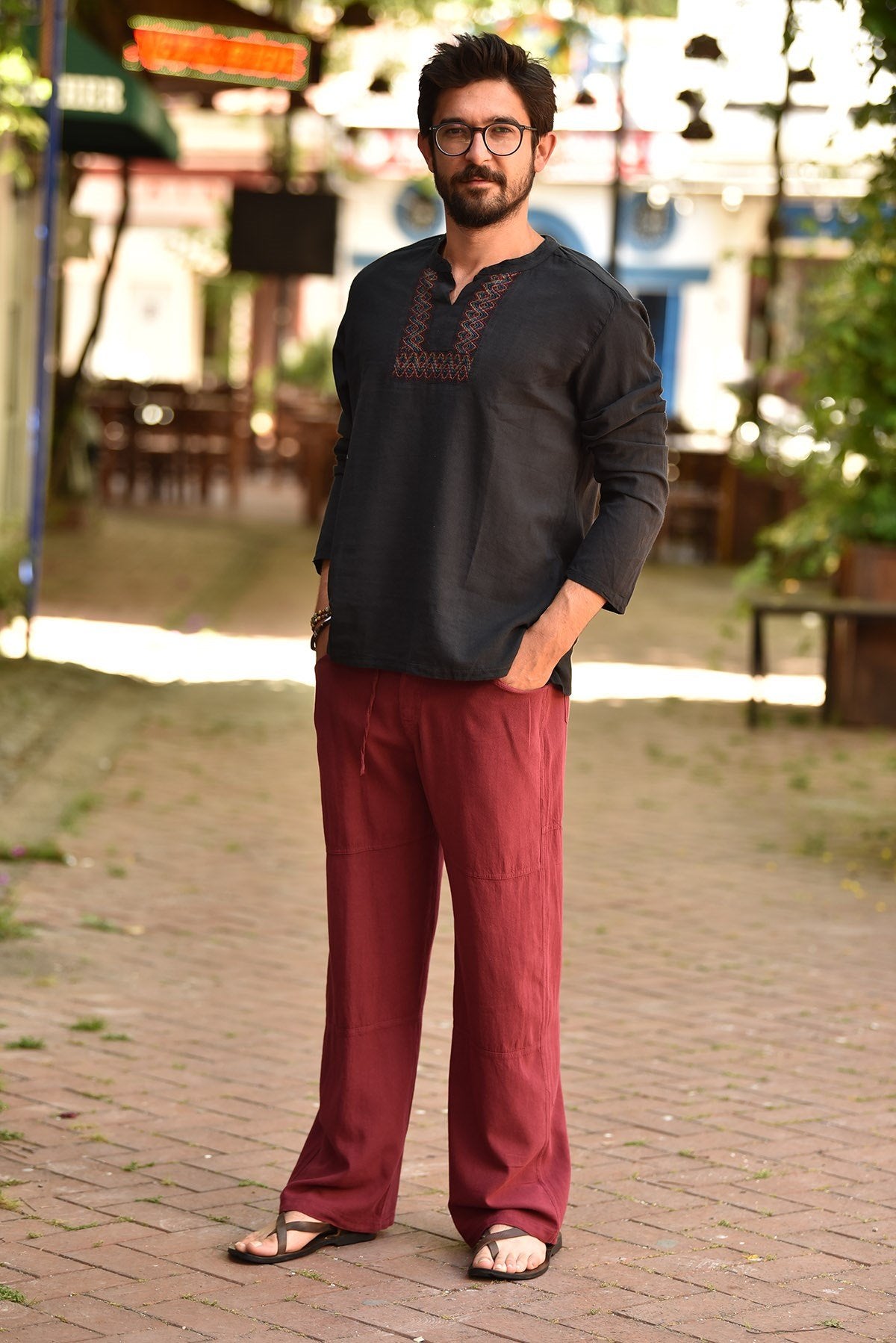 Black Mandarin Collar Embroidered Detailed Cotton Men's Shirt