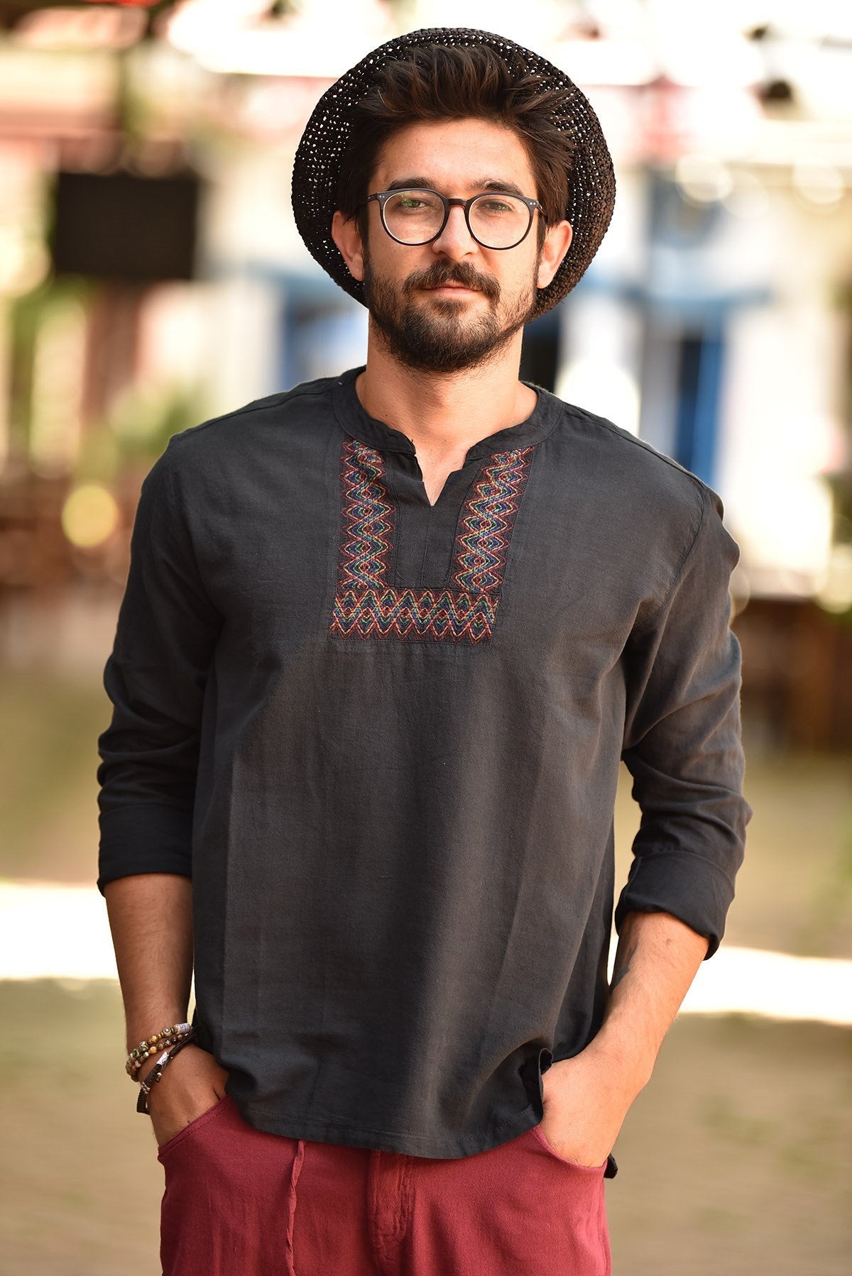 Black Mandarin Collar Embroidered Detailed Cotton Men's Shirt