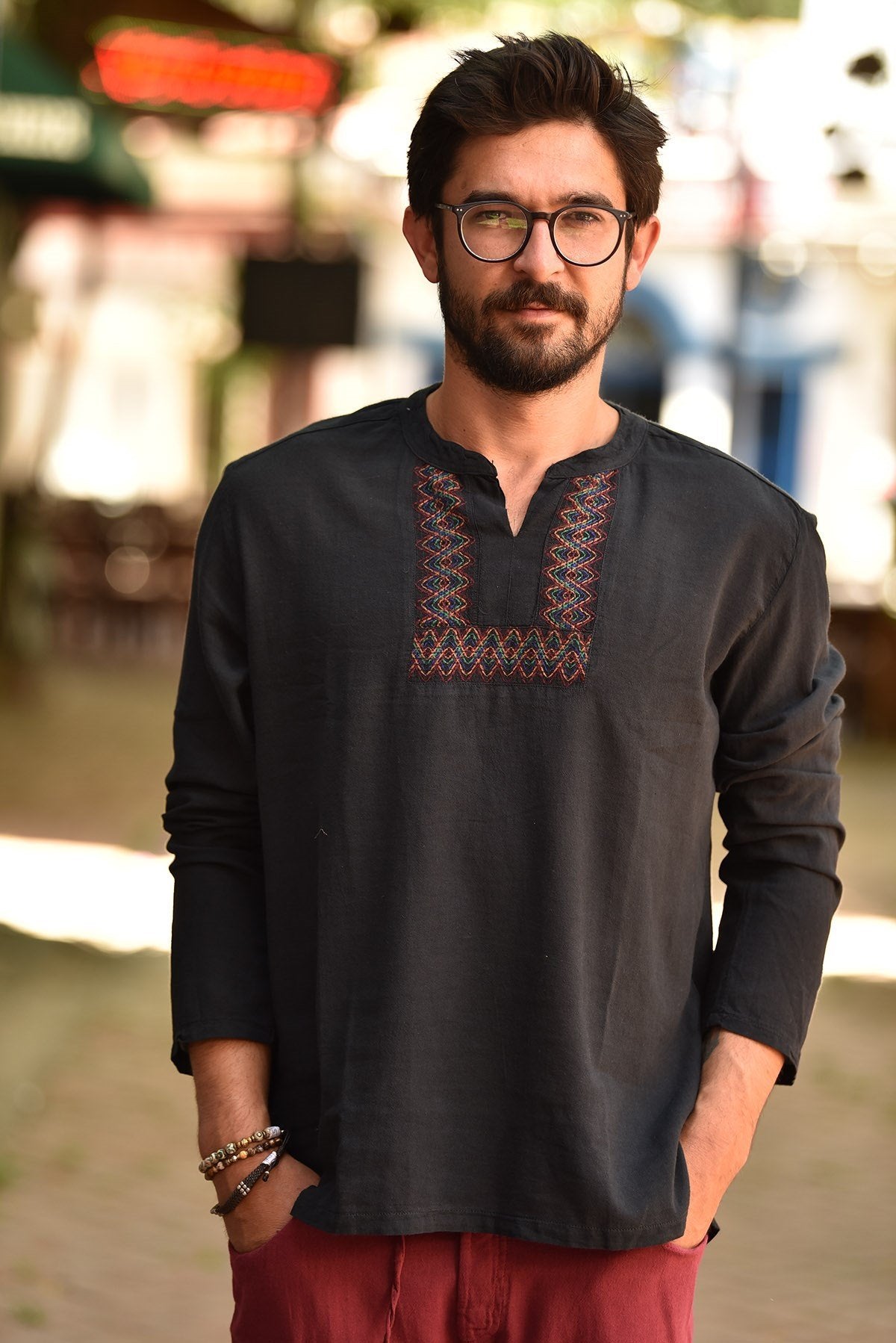 Black Mandarin Collar Embroidered Detailed Cotton Men's Shirt