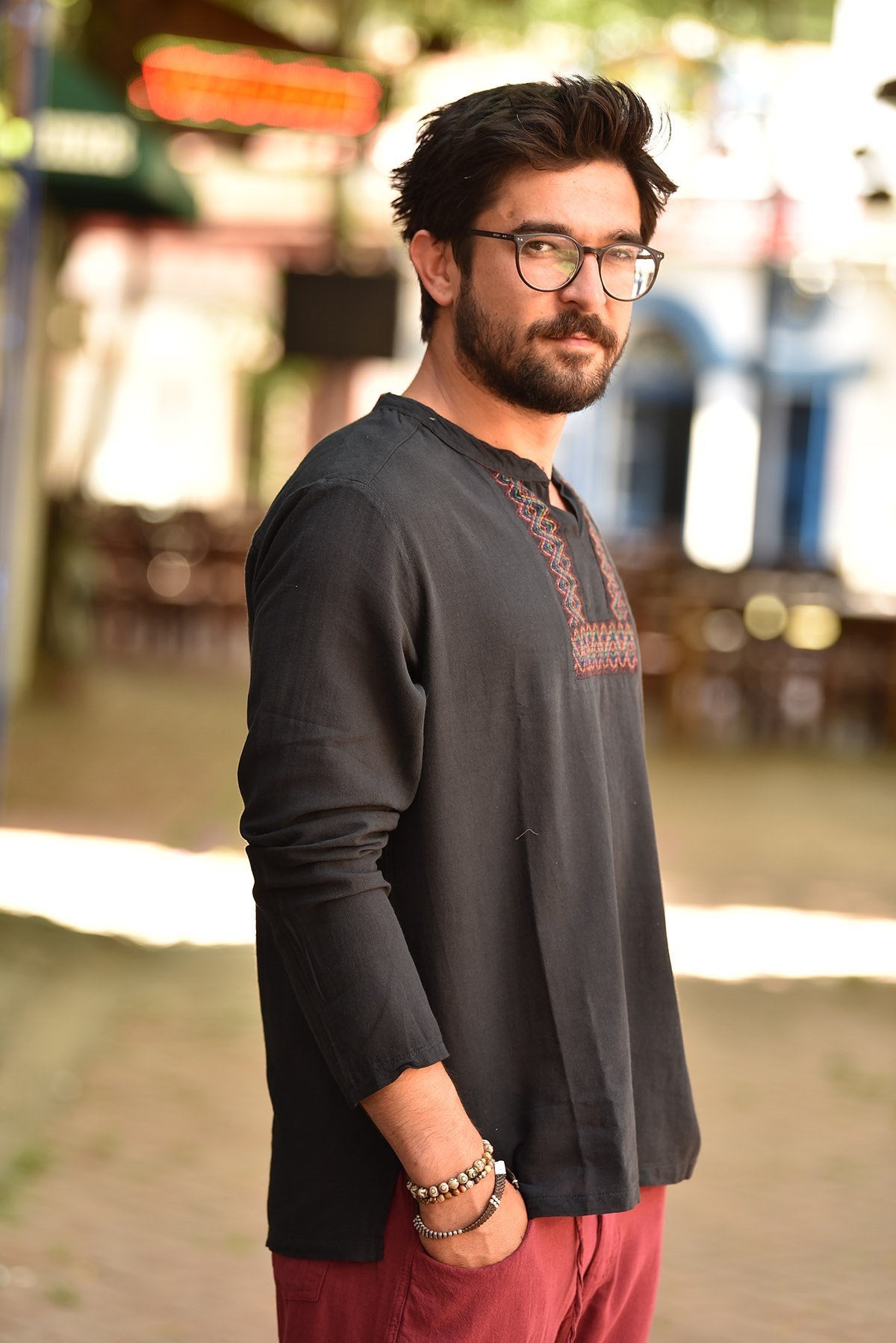 Black Mandarin Collar Embroidered Detailed Cotton Men's Shirt