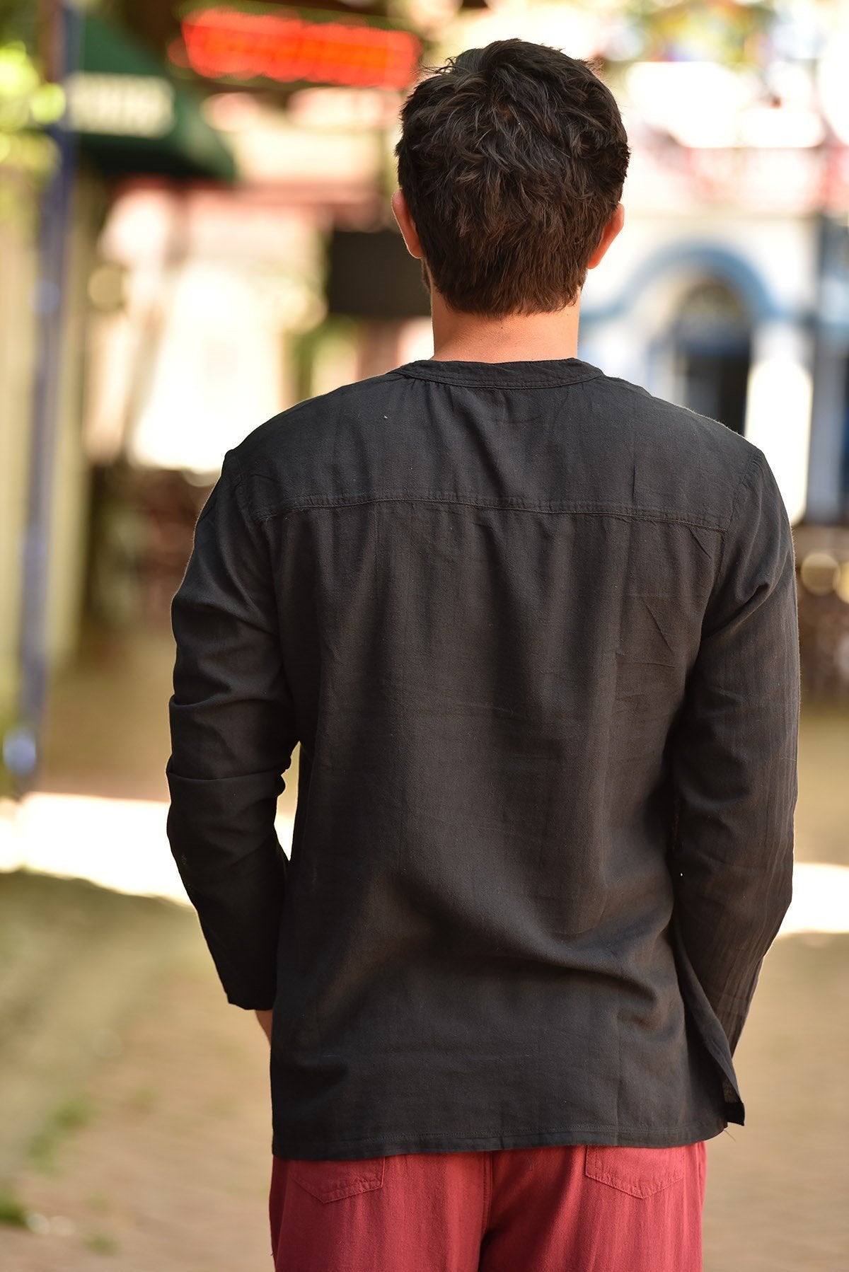 Black Mandarin Collar Embroidered Detailed Cotton Men's Shirt