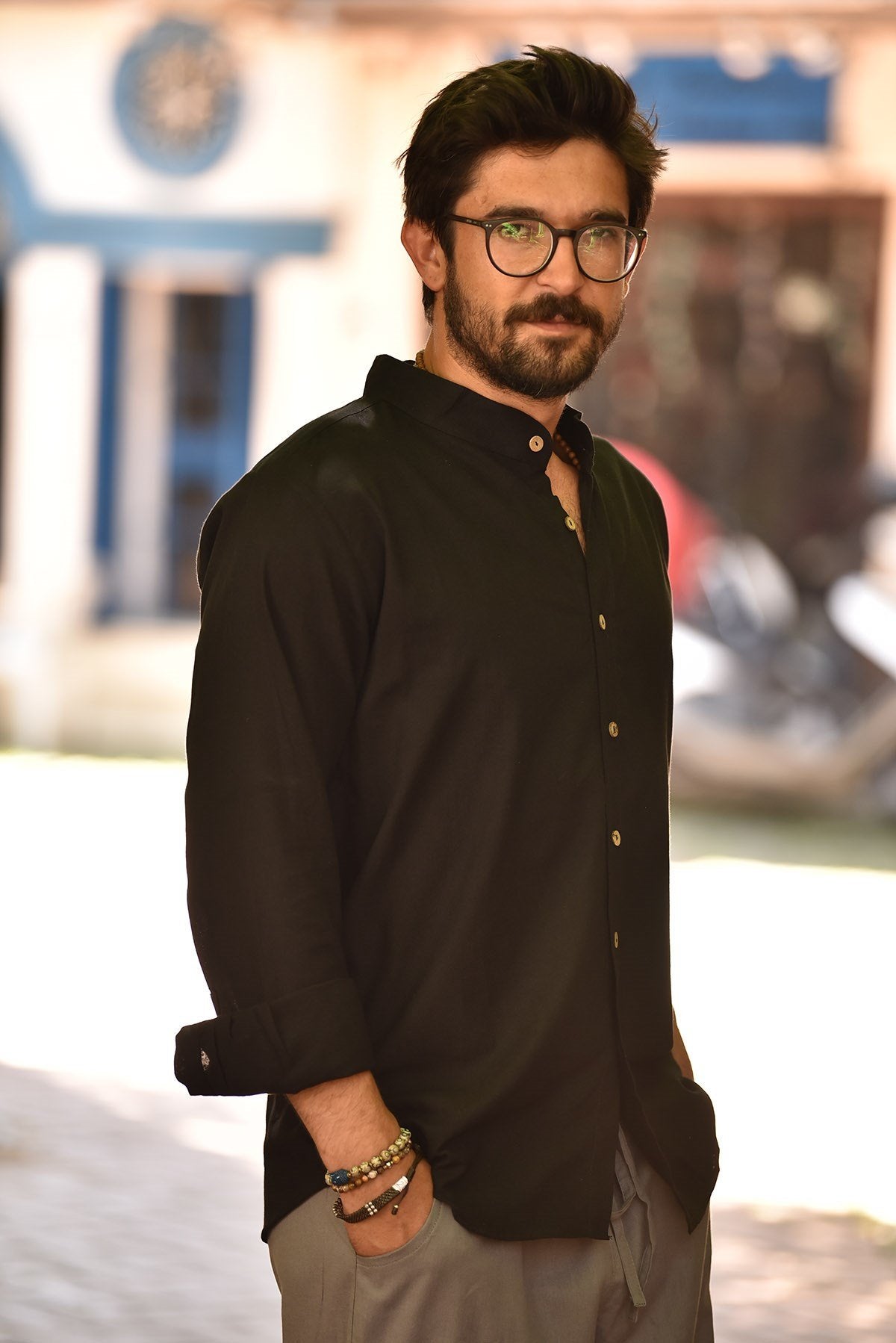 Black Mandarin Collar Men's Shirt