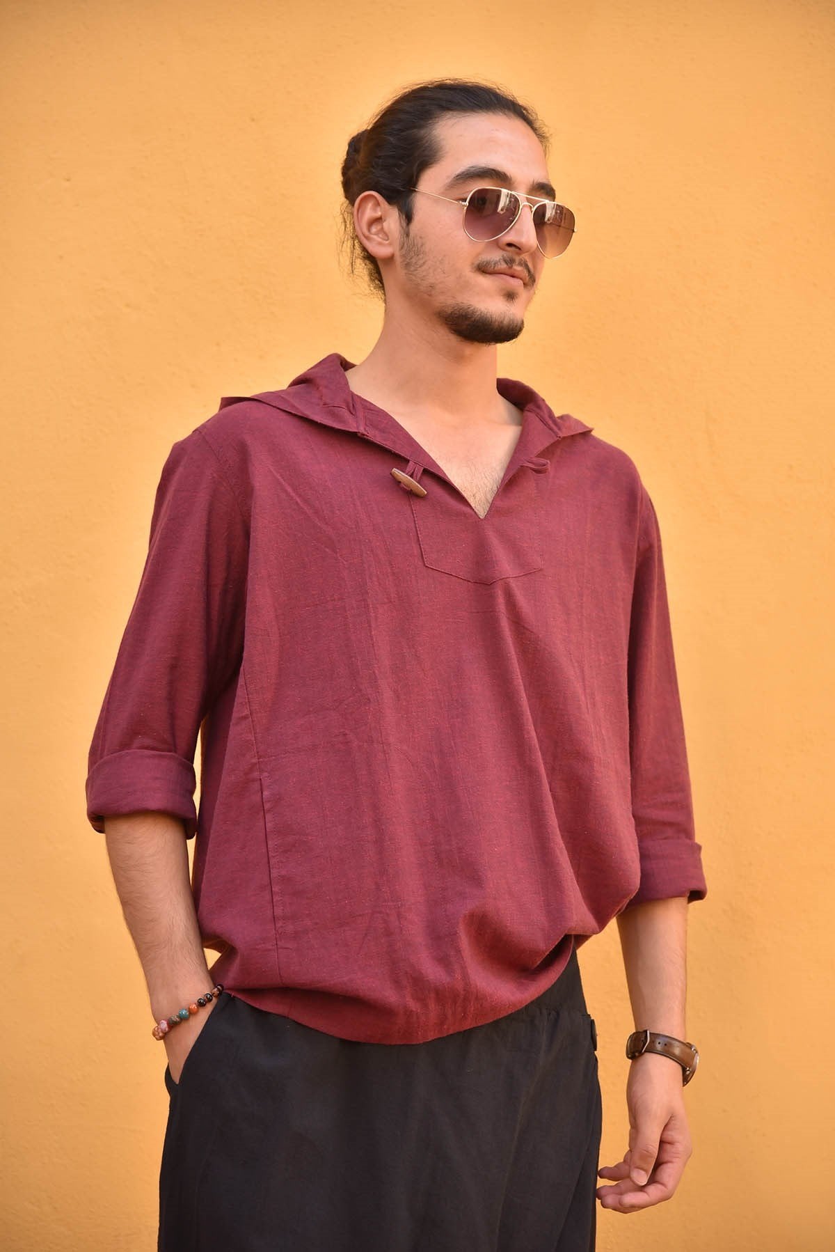 Burgundy Long-Sleeve Hooded Men's Shirt