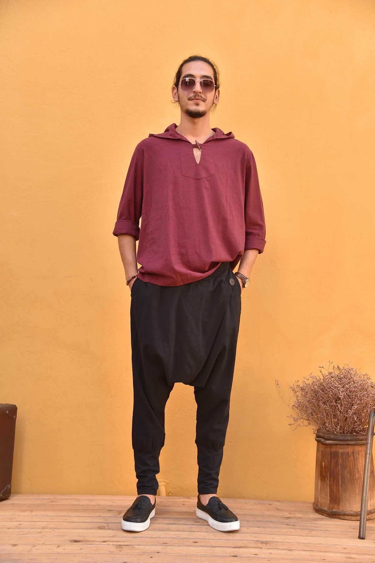 Burgundy Long-Sleeve Hooded Men's Shirt