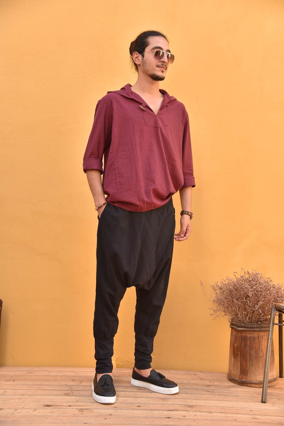 Burgundy Long-Sleeve Hooded Men's Shirt