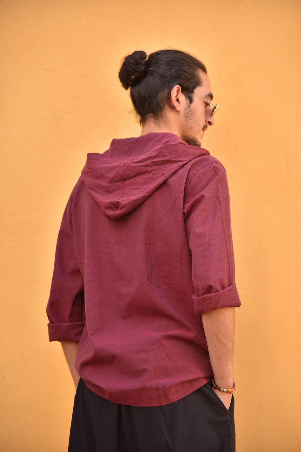 Burgundy Long-Sleeve Hooded Men's Shirt