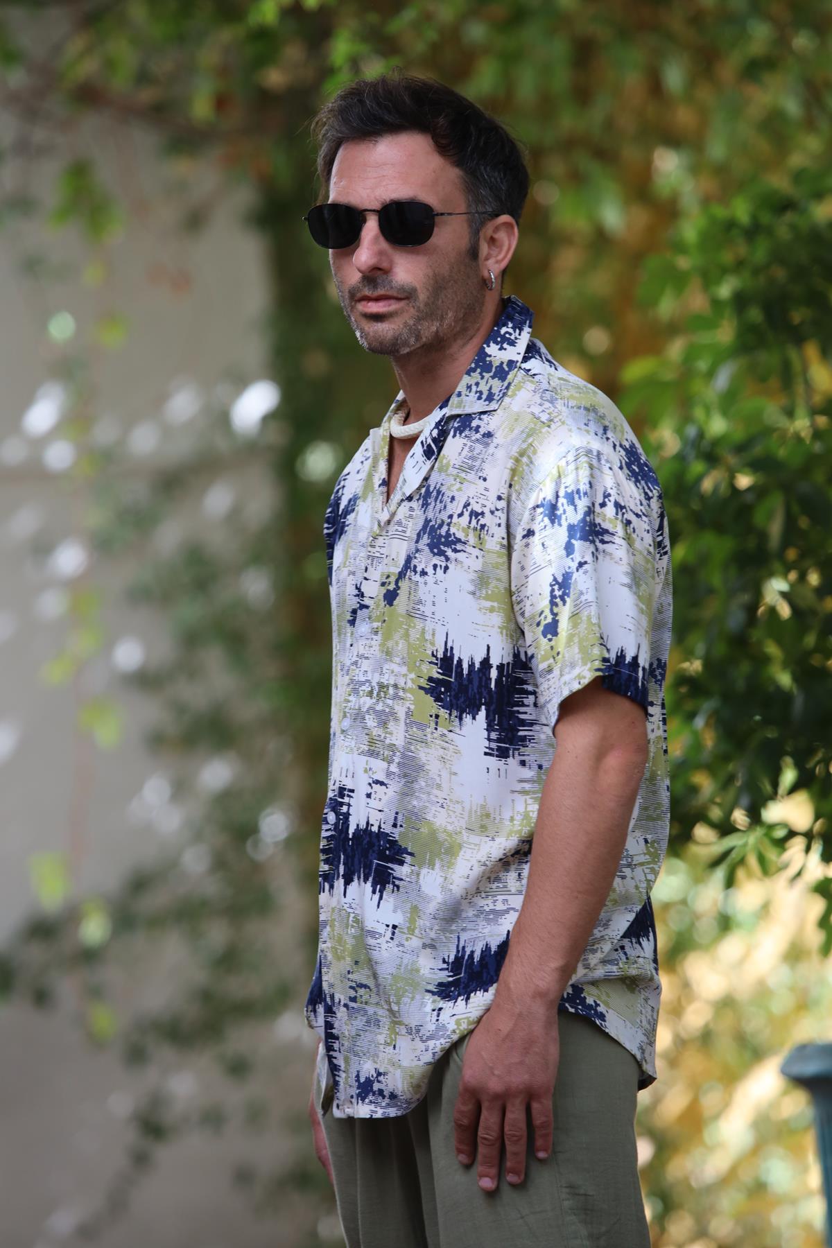 Green Patterned Short Sleeve Men's Shirt