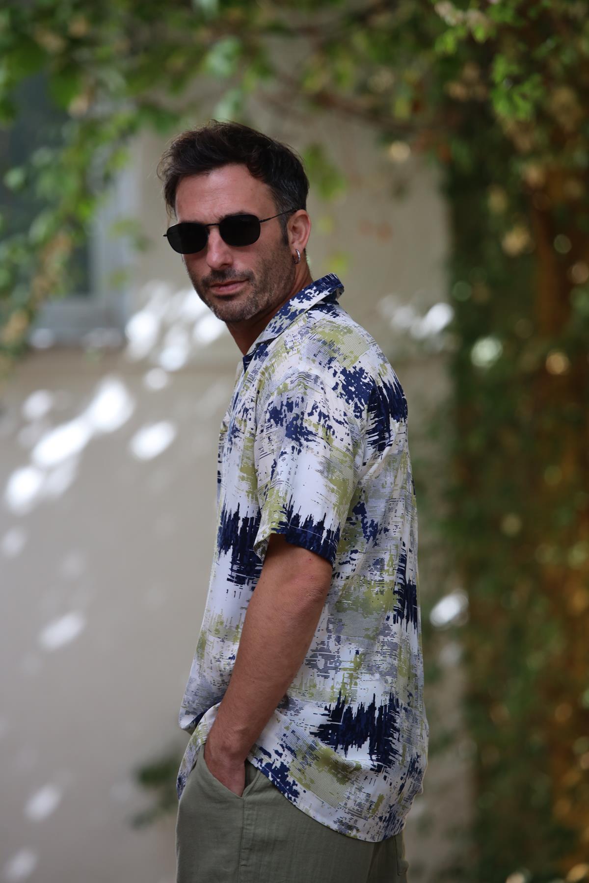 Green Patterned Short Sleeve Men's Shirt