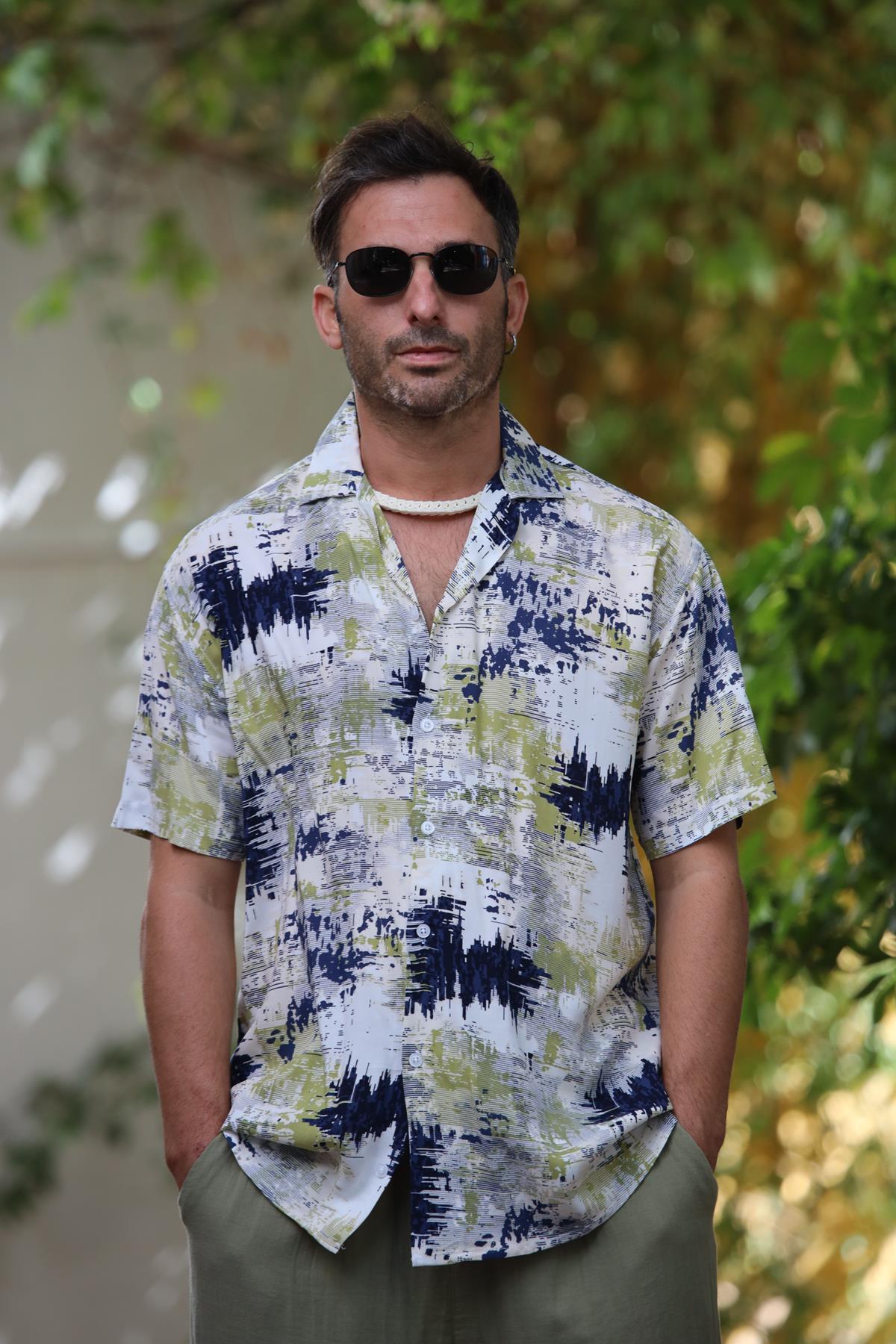 Green Patterned Short Sleeve Men's Shirt