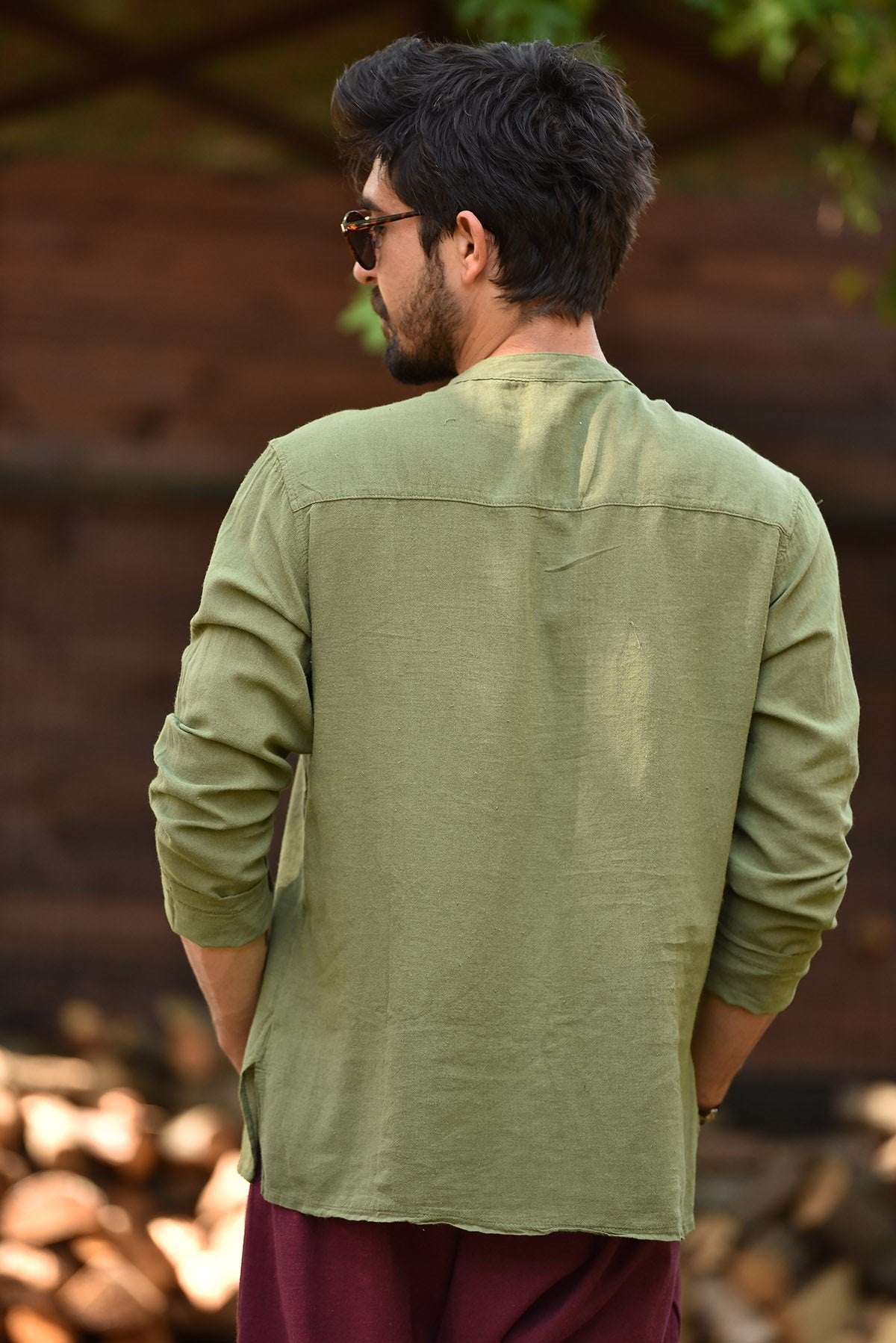 Green Mandarin Collar Embroidery Detailed Cotton Men's Shirt