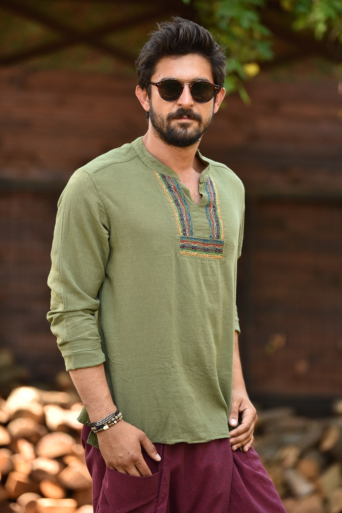 Green Mandarin Collar Embroidery Detailed Cotton Men's Shirt