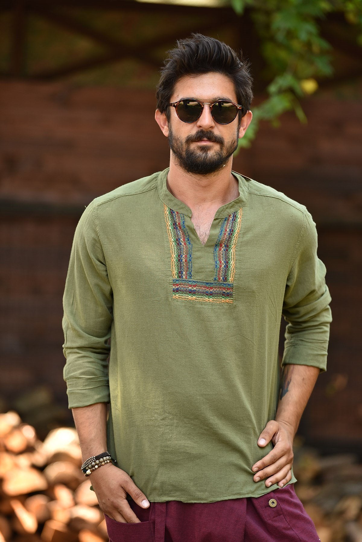 Green Mandarin Collar Embroidery Detailed Cotton Men's Shirt