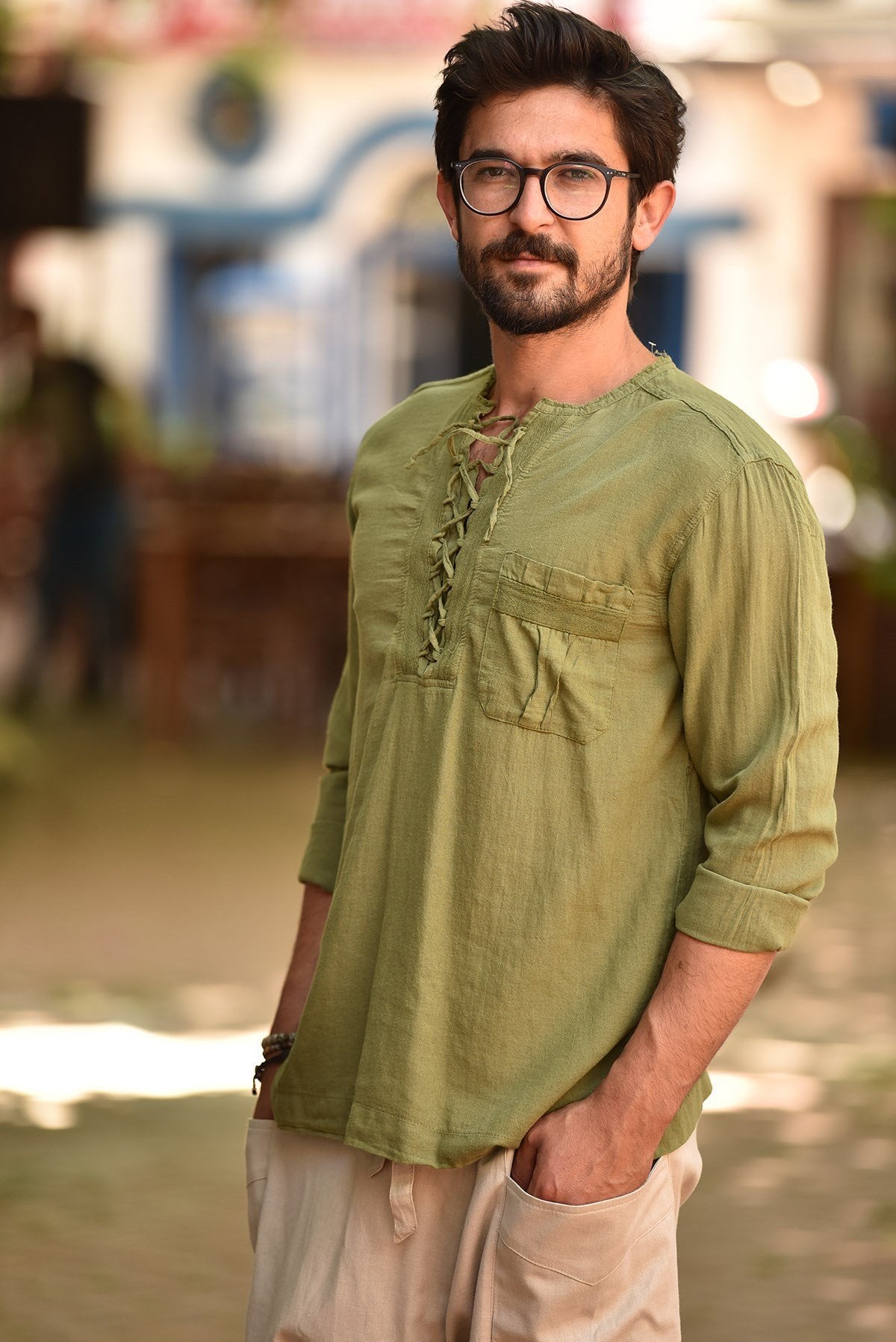 Green Lace-Up Bohemian Men's Shirt