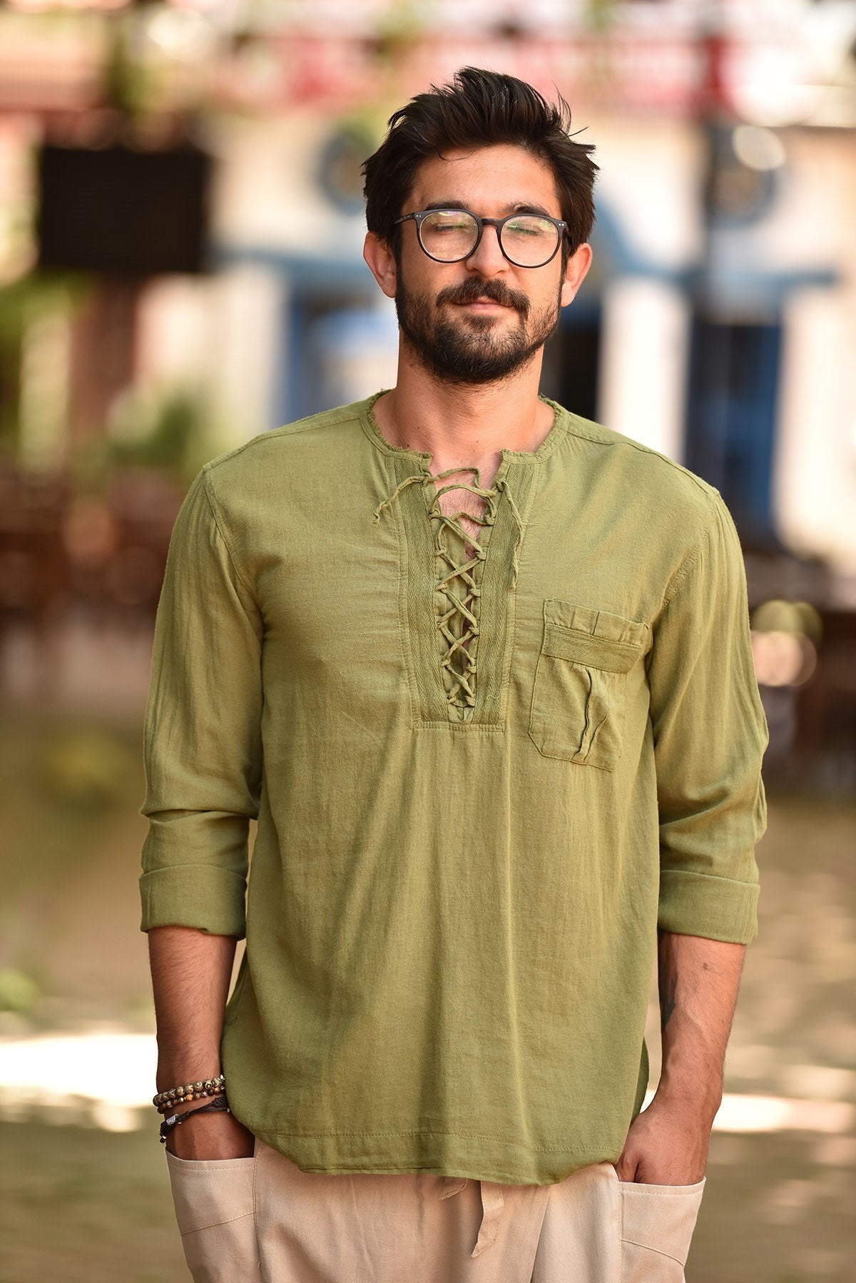 Green Lace-Up Bohemian Men's Shirt
