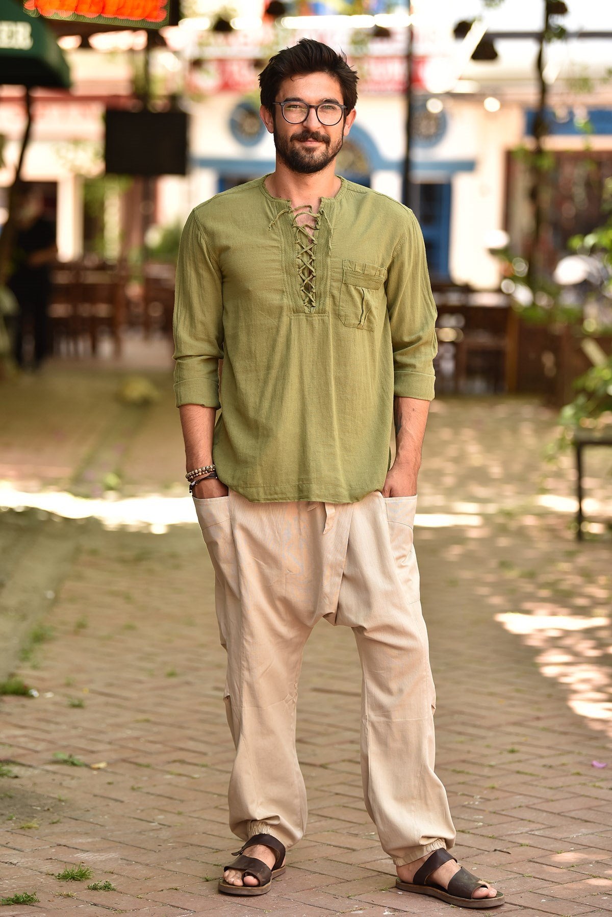 Green Lace-Up Bohemian Men's Shirt